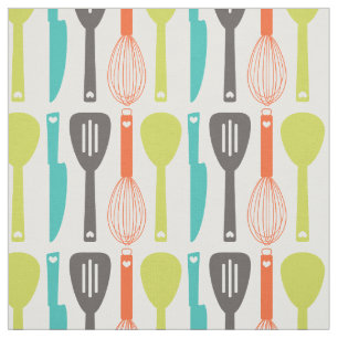 Tissu Cute Retro Green Orange Kitchen Ustensiles Motif