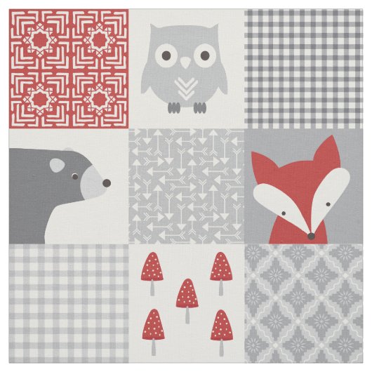 Tissu Cute Rouge et Gris Bois Animaux Chamework (Échantillon)