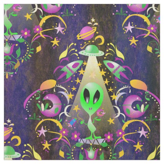 Tissu Cute Space Alien Floral SciFi Damask (Échantillon)