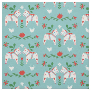 Tissu Dala Horse Suédoise Folk Blanc Bleu Rouge Noël