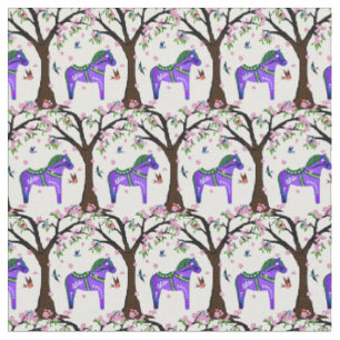Tissu Dala violet/vert folk cheval/folk oiseaux/fleurs
