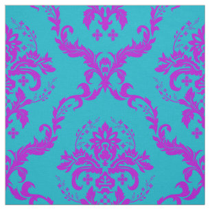Tissu Damas Florales Roses Chaud Et Turquoise