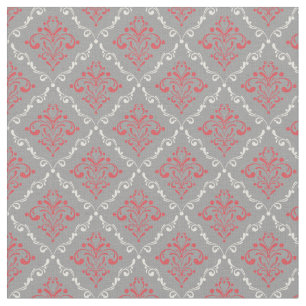 Tissu Damassé rouge et crème de corail sur le gris