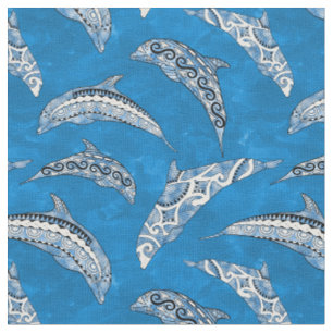 Tissu Dauphins Tribal Hawaïen Bleu Océan