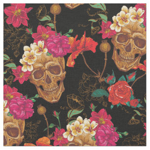 tissu de crânes fleuris