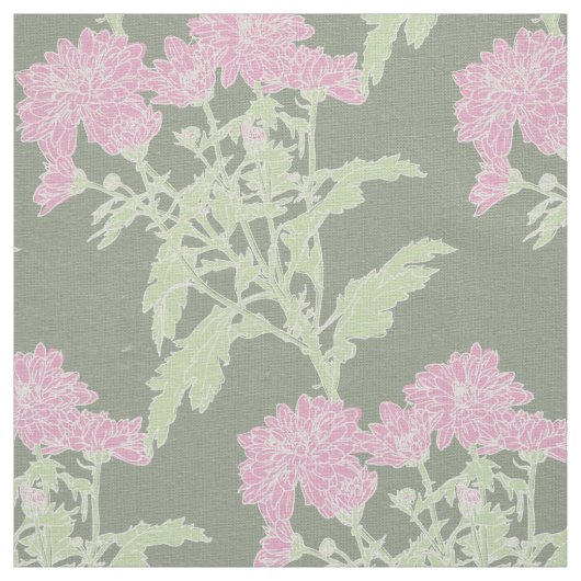Tissu de dessin rose vert Chrysanthemum (Échantillon)