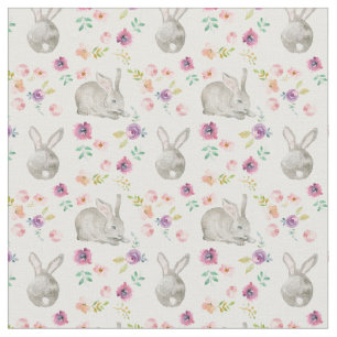 Tissu De mignons lapins et des fleurs.Blanc.