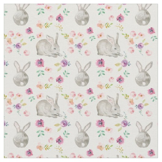 Tissu  De mignons lapins et des fleurs.Blanc. (Fermer)