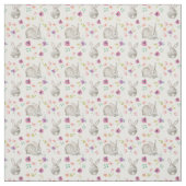 Tissu  De mignons lapins et des fleurs.Blanc. (Échantillon)
