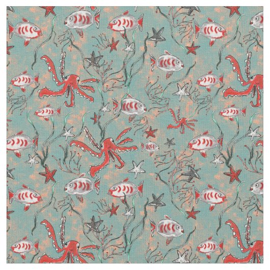 Tissu de pieuvre et de poisson en corail et bleu (Fermer)