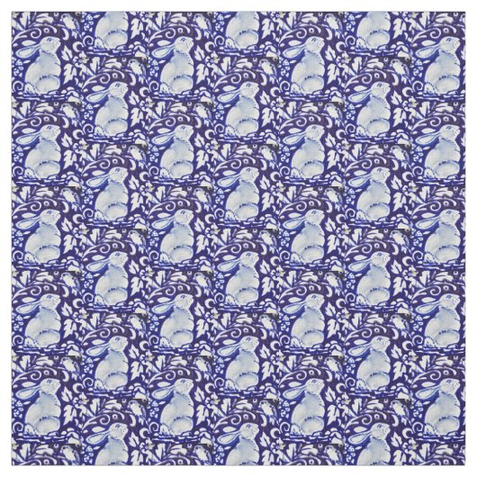 Tissu Dedham Blue & White Rabbit, Bird Designer Fabric (Échantillon)