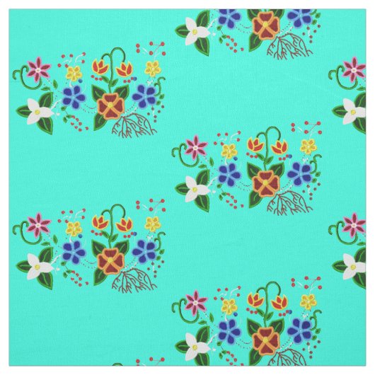 Tissu Design floral ojibwe avec Arrière - plan turquoise (Échantillon)