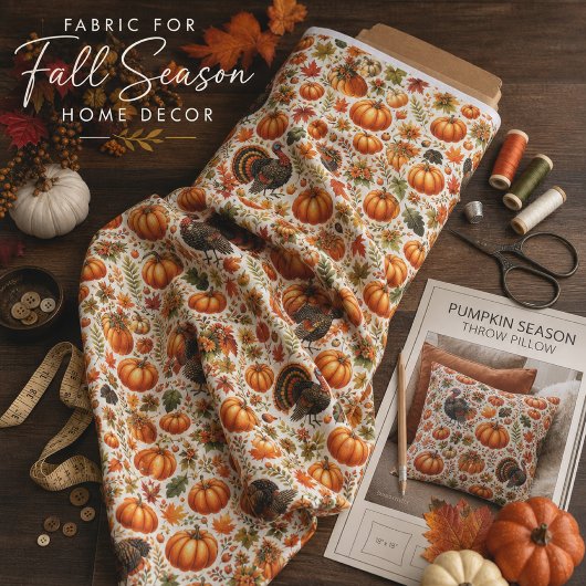 Tissu Dindes rustiques Citrouilles Feuilles d'automne Ac