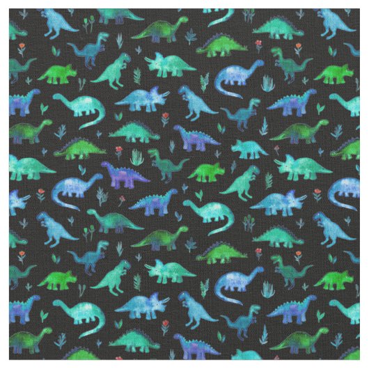 Tissu Dinos minuscules en bleu et vert sur noir (Fermer)