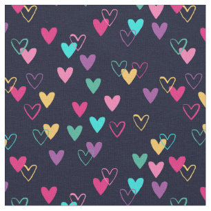 Tissu Doodles de coeur bleu foncé rose Turquoise