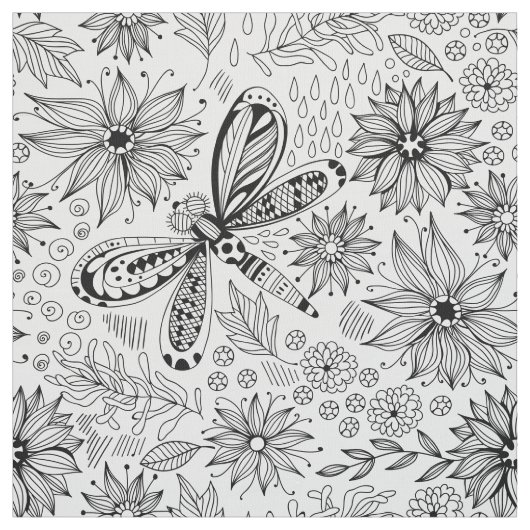 Tissu Dragonfly et doodle de fleurs (Échantillon)