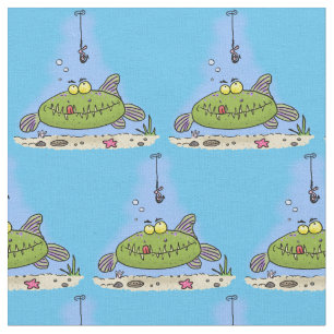 Tissu Drôle gras affamé poisson vert dessin de pêche