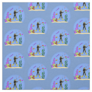 Tissu Drôle plongeur et poisson mer créatures dessin ani