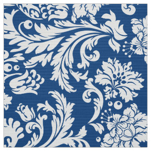 Tissu Elégant blanc et bleu marine Damas floraux