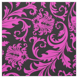 Tissu Élégant noir et rose chaud Damas floraux