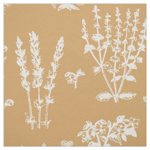 Tissu Élégant Tan Orange White Herbal Garden Motif
