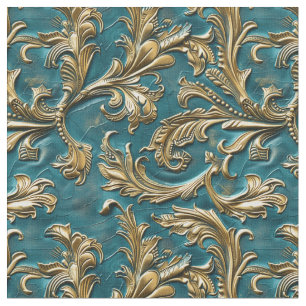 Tissu Elégant turquoise or à outils cuir sculpté