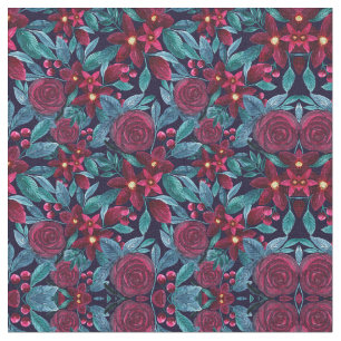 Tissu Elégante marine Bourgogne Noël Floral Aquarelle