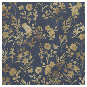Tissu Élégantes Fleurs d'or Bleu Botanique