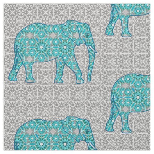 Tissu Éléphant de fleur de mandala - turquoise, gris et (Échantillon)