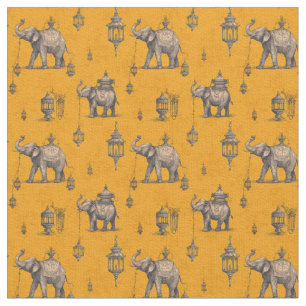 Tissu Éléphant Diwali dans un champ doré Toile de Jouy