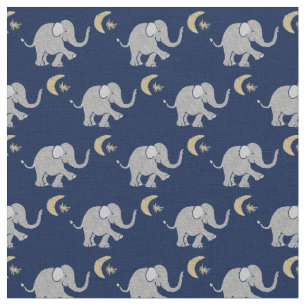 Tissu Eléphant gris mou avec lune et étoile en bleu