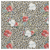 Tissu Empreinte de léopard noir or Fleurs blanches rouge (Fermer)