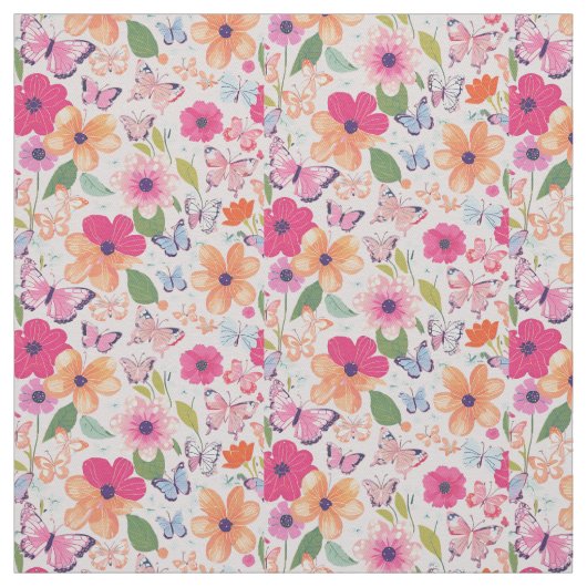 Tissu en coton, fleurs et papillons (Échantillon)