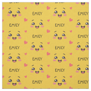Tissu en coton jaune avec visage mignon Kawaii et