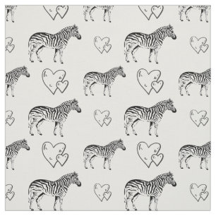 Tissu en coton rayé noir et blanc zèbres et coeurs