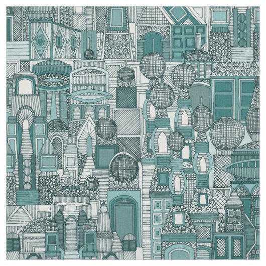 Tissu espace ville soleil turquoise (Échantillon)