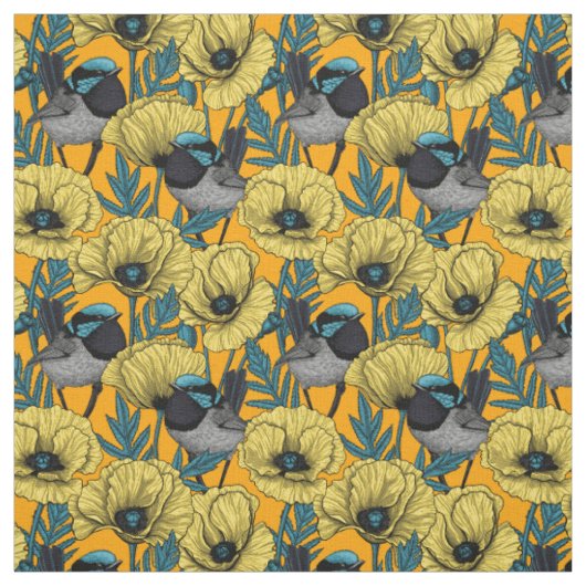 Tissu Fée et pavots en jaune (Échantillon)