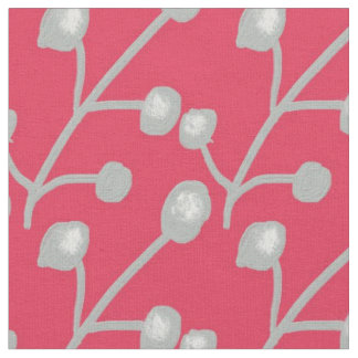 Tissu Feuillage à motif gris argenté sur fond rose rouge