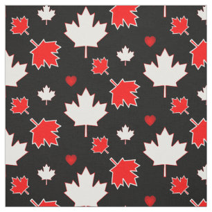 Tissu Feuille d'érable du Canada avec des coeurs en noir