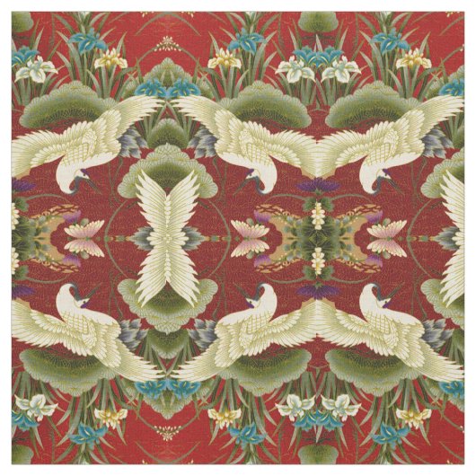 Tissu Feuille et grues de Gingko rouges (Échantillon)