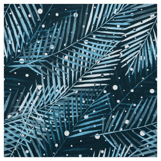 Tissu Feuilles de palme sur bleu avec pois blancs. (Échantillon)