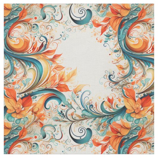 Tissu Feuilles sarcelle et orange (Fermer)
