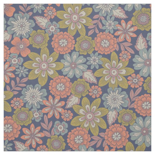 Tissu Fleur Fleurit & Fleurs en Corail, Bleu & Vert (Échantillon)