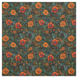 Tissu Fleuris vintage fleuris orange rustique botanique