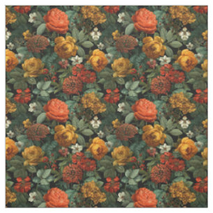 Tissu Fleuris vintage fleuris orange rustique botanique