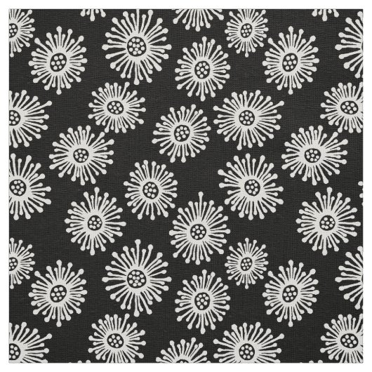 Tissu Fleurs à main - Blanc sur Noir (Échantillon)