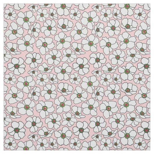 Tissu Fleurs blanches Boho sur fond rose (Échantillon)
