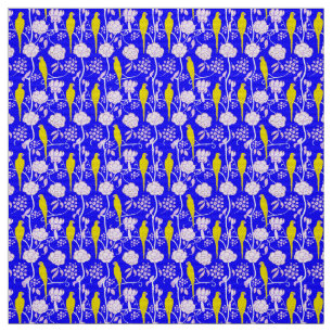 TISSU FLEURS BLANCHES ET PARROTS JAUNES SUR BLEU