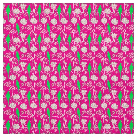 TISSU FLEURS BLANCHES ET PARROTS VERTS SUR ROSE (Échantillon)