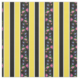 Tissu Fleurs blanches, jaune vif/folk/rayures/noires